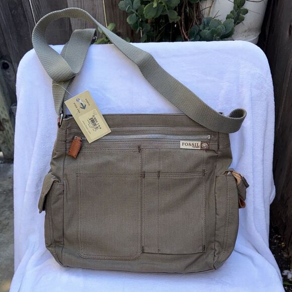 Vintage Fossil Voyages Crossbody Bag Ripstop Khaki Green Canvas Map Liner Y2K - Picture 11 of 13